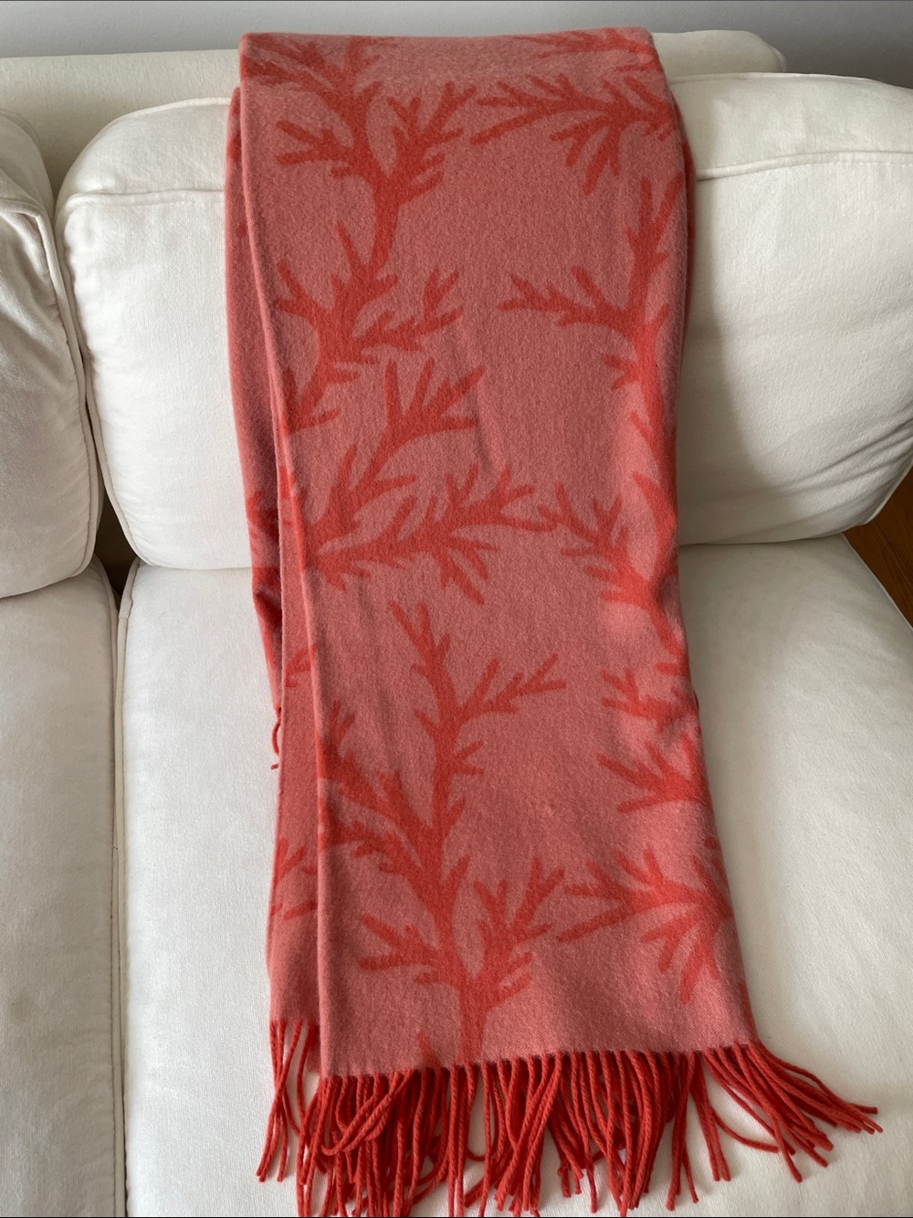 Williams Sonoma Home Coral Patterned Fringe Throw Blanket - Soft Coral Red